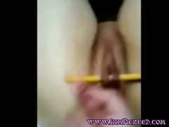 Pierced pussy penetrated by chain and pencil Body piercing